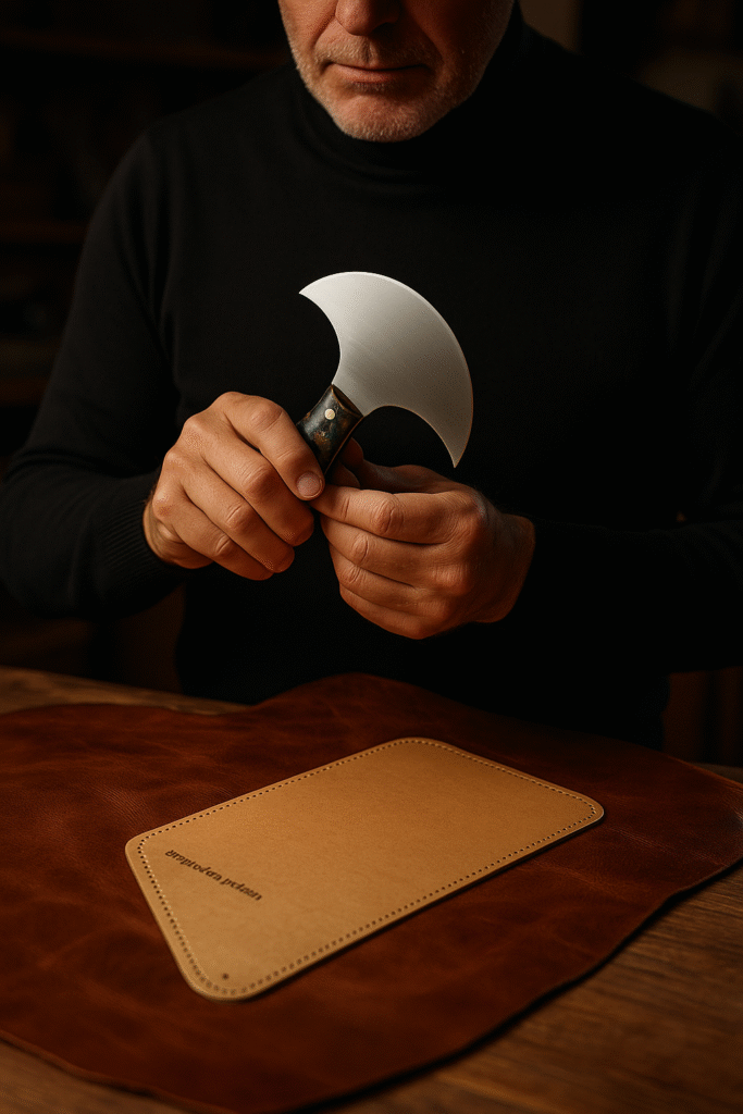 Master leather artisan examines head knife