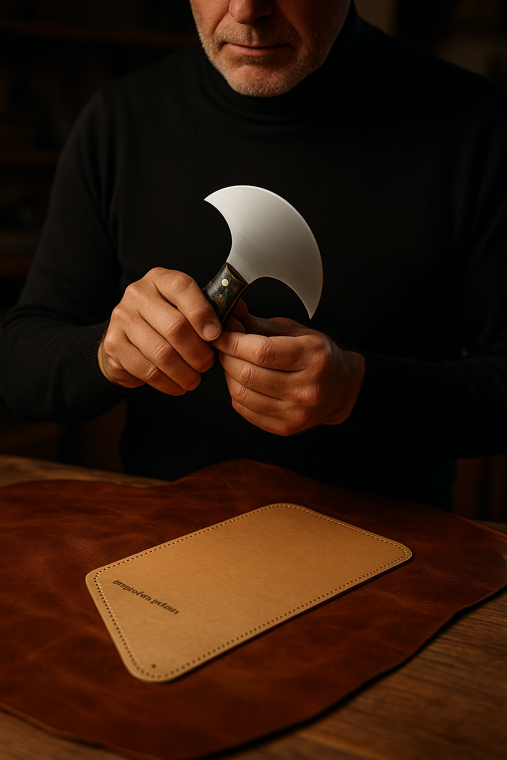 Master leather artisan examines head knife
