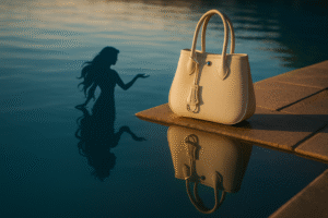 handmade luxury leather bag reflected in water