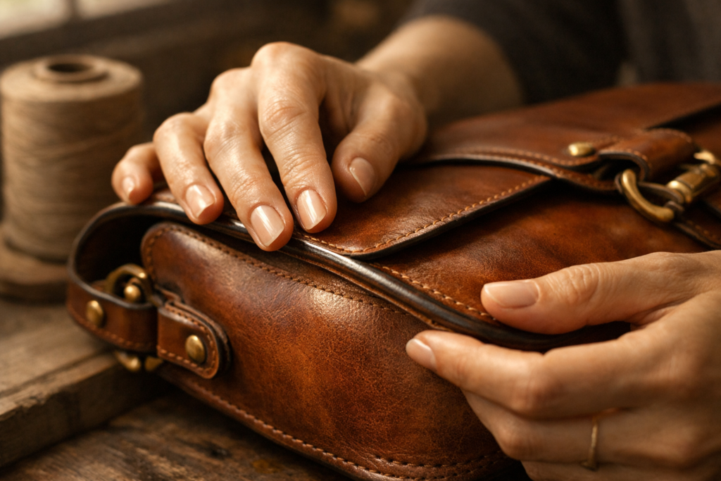 Handmade luxury leather bag edge burnishing