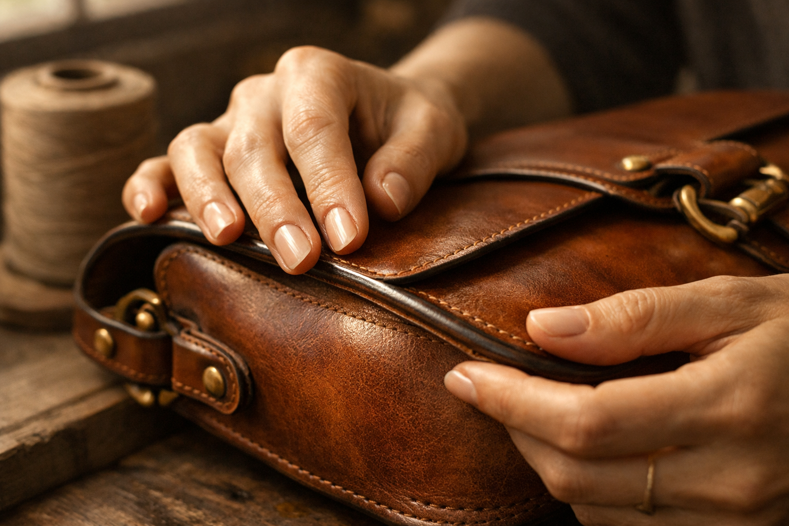 Handmade luxury leather bag edge burnishing